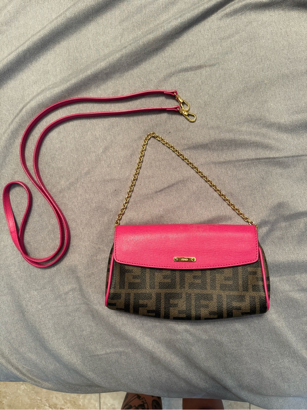 Fendi Brown Monogram Crossbody with Pink Trim